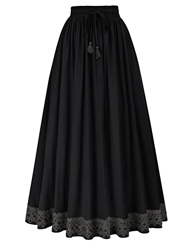 Scarlet Darkness Langer Maxi-Rock für Damen, elastisch, hohe Taille, Kordelzug, Renaissance-Rock mit Taschen, Schwarz, Klein von SCARLET DARKNESS