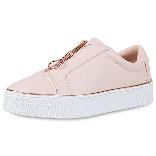 SCARPE VITA Damen Plateau Sneaker Leder-Optik Turnschuhe Slip On Schuhe Zipper 160739 Rosa 36 von SCARPE VITA