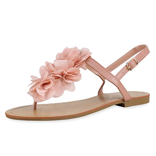 SCARPE VITA Damen Sandalen Zehentrenner Blumen Flats Sommerschuhe 172718 Apricot 40 von SCARPE VITA