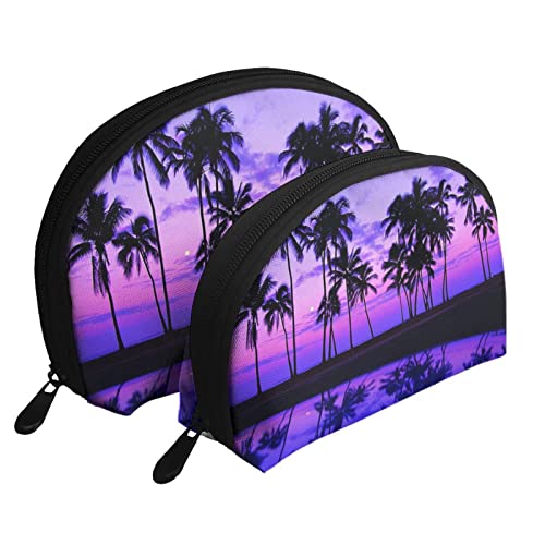 Sunset Beach 2 Stück Kosmetiktaschen Reise Make-up Tasche Tragbare Clutch Pouch Kulturbeutel Aufbewahrungstasche für Frauen, Palme Purple Sunset, Einheitsgröße von SCAUA