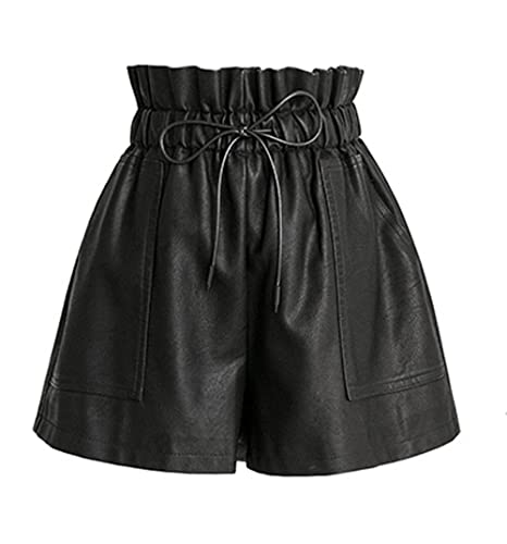 SCHHJZPJ Kurze Damen-Shorts aus Kunstleder mit hoher Taille, weites Bein, Schwarz, Schwarz, Groß von SCHHJZPJ