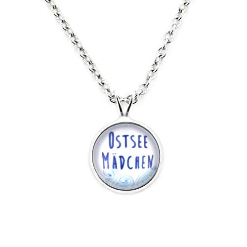 SCHMUCKZUCKER Kurze Edelstahl Kette mit Anhänger Motiv Ostsee-Mädchen Halskette Silber Blau Weiss Kleiner Anhänger (14mm) von SCHMUCKZUCKER