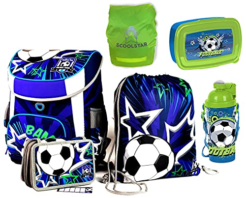 SCOOLSTAR Fußball Schulranzen Jungen 1 Klasse Tornister Schulrucksack Schultasche | SEHR LEICHT | Set 6 TLG. | inkl. Federmäppchen, Turnbeutel, Regenschutz, Trinkflasche und Brotdose von SCOOLSTAR