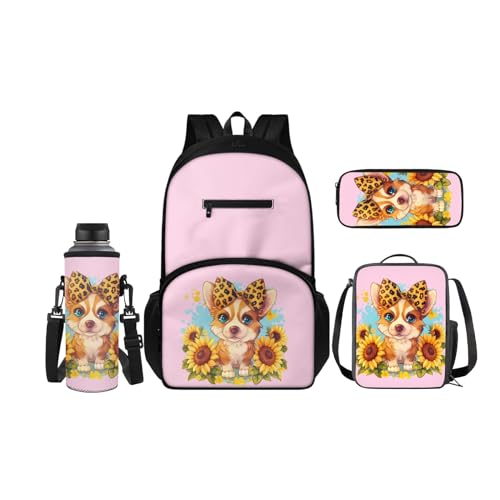 SCRAWLGOD Kinder-Rucksäcke, Lunchbox, Federmäppchen mit Wasserflaschenträger-Set, 4 Stück, Büchertasche, Tagesrucksack-Sets für Schule, Reisen, Sonnenblumen-Corgi von SCRAWLGOD