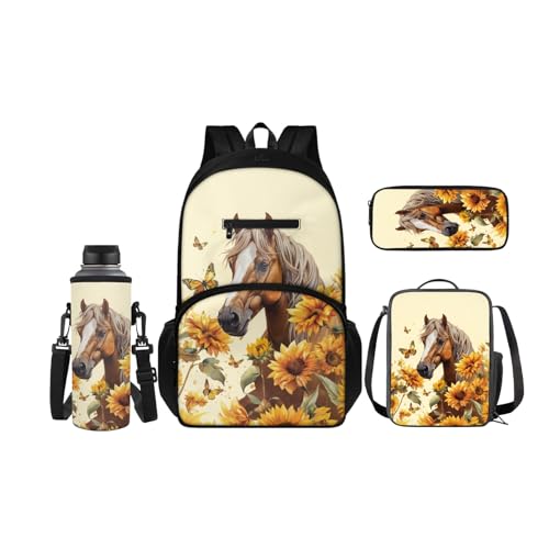 SCRAWLGOD Kinder-Rucksäcke, Lunchbox, Federmäppchen mit Wasserflaschenträger-Set, 4 Stück, Büchertasche, Tagesrucksack-Sets für Schule, Reisen, Sonnenblumenpferd von SCRAWLGOD