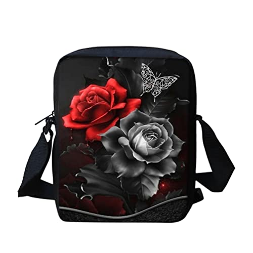 SCRAWLGOD Kleine Messenger Bags Reise Schultertaschen Geldbörsen und Taschen Mini Crossbody Taschen für Kinder Mädchen Jungen Teenager, Graue und rote Rosen, Einheitsgröße von SCRAWLGOD