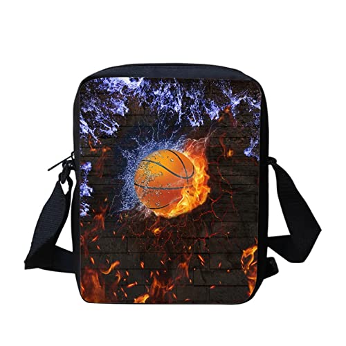 SCRAWLGOD Kleine Schultertaschen für Jungen Mädchen Schwarz Geldbörse Handtaschen mit verstellbarem Riemen Crossbody Tasche zum Einkaufen, Feuer-Basketball, Einheitsgröße von SCRAWLGOD