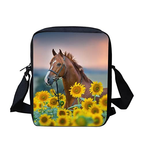 SCRAWLGOD Messenger-Taschen für Kinder, Jungen, Geschenk, Schulanfang, Umhängetasche, Outdoor, Sport, Reisen, Handtaschen, Sonnenblumenpferd, Einheitsgröße von SCRAWLGOD