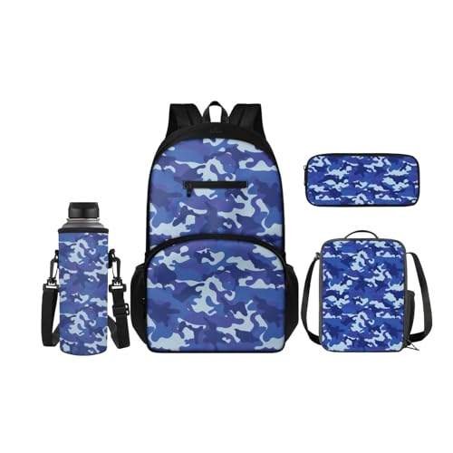 SCRAWLGOD Rucksack für Kinder mit Lunchbox, Wasserflaschenhalter, Federmäppchen, 4-in-1, Büchertaschen für Kindergarten, Grundschule, Camouflage, Marineblau von SCRAWLGOD