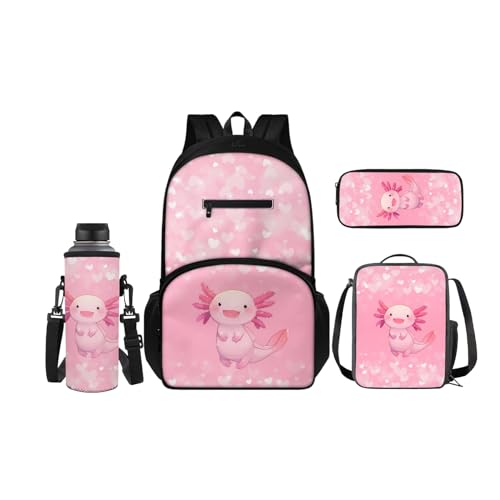 SCRAWLGOD Rucksäcke mit Lunchbox für Kinder, Schule, Federmäppchen, Wasserflaschenhalter, 4-in-1 Büchertasche, Tagesrucksack für Mädchen und Jungen, Axolotl Herzaufdruck von SCRAWLGOD