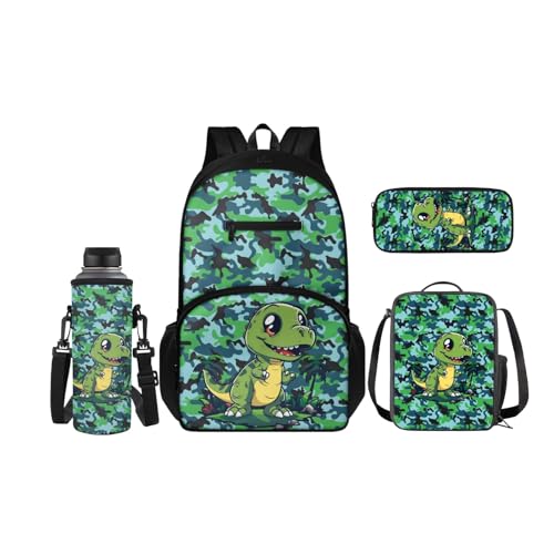 SCRAWLGOD Rucksäcke mit Lunchbox für Kinder, Schule, Federmäppchen, Wasserflaschenhalter, 4-in-1 Büchertasche, Tagesrucksack für Mädchen und Jungen, Camouflage-Dinosaurier von SCRAWLGOD