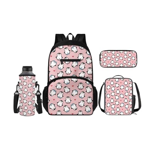 SCRAWLGOD Rucksäcke mit Lunchbox für Kinder, Schule, Federmäppchen, Wasserflaschenhalter, 4-in-1 Büchertasche, Tagesrucksack für Mädchen und Jungen, Süßer Pinguin von SCRAWLGOD