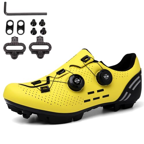 SDEQA MTB Fahrradschuhe Herren, Mountainbike Radsportschuhe Outdoor-Radschuhe Atmungsaktive kompatibel mit SPD 2 Schrauben mit Cleats Entsperren Schuhe,Gelb,45 EU von SDEQA