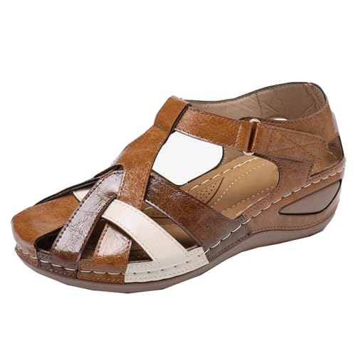 SDGHH-8MMDM Damen-Keilsandalen PU-Leder-Farbblock-Crossover-Hausschuhe Sommer-Retro-Römer-Freizeitsandalen Bequeme Rutschfeste Sandalen Mit Dicker Sohle Für Wanderschuhe,Braun,36 von SDGHH-8MMDM