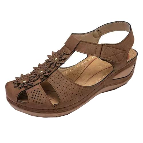 SDGHH-8MMDM Damen-Sandalen Mit Floralem Keilabsatz Retro-Sommer-Stil Lässig Geschlossener Zehenbereich Einfarbig PU-Leder Rückenriemen Atmungsaktive Wandersandalen,Braun,34 von SDGHH-8MMDM