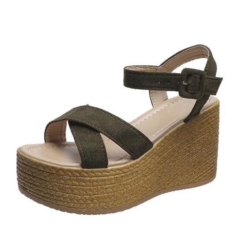 SDGHH-8MMDM Damen Sandalen Sandaletten Sommerschuhe Einfache Einfarbige Mit Geneigtem Absatz Schnallenriemen Fischmaul Strohboden Hoher Absatz Große Sandalen Sommerschuhe,Bronze,35 von SDGHH-8MMDM