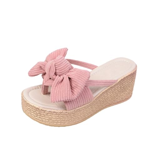 SDGHH-8MMDM Damen-Sandalen Sommer Dicke Sohle Keilsandalette Römisch Lässig Bequeme Offene Zehen Strandsandalen Einfarbig Schleife Flip-Flop,Rosa,35 von SDGHH-8MMDM