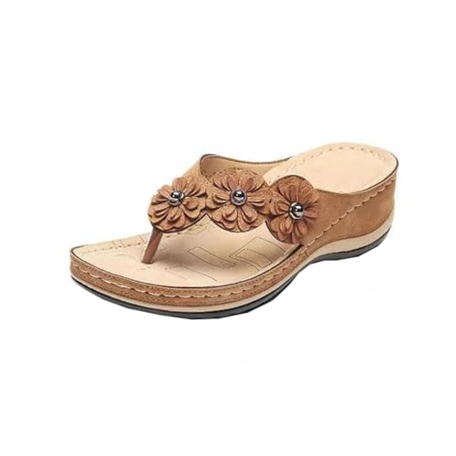 SDGHH-8MMDM Damen-Sommerschuhe Runde Zehen Mit Blumen Verziert PU-Leder Rutschfest Verschleißfest Bequeme Keil-Flip-Flop-Strandsandalen,Braun,35 von SDGHH-8MMDM