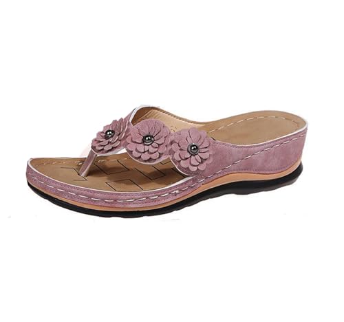 SDGHH-8MMDM Damen-Sommerschuhe Runde Zehen Mit Blumen Verziert PU-Leder Rutschfest Verschleißfest Bequeme Keil-Flip-Flop-Strandsandalen,Rosa,35 von SDGHH-8MMDM