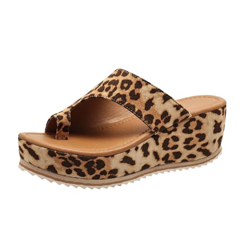 SDGHH-8MMDM Damen Zehentrenner Plateau Hausschuhe Leopardenmuster Sandalen Orthopädische Flip Flops Slip on Sandaletten Sommerschuhe Römer Wedge Heel Damenschuhe,Braun,37 von SDGHH-8MMDM