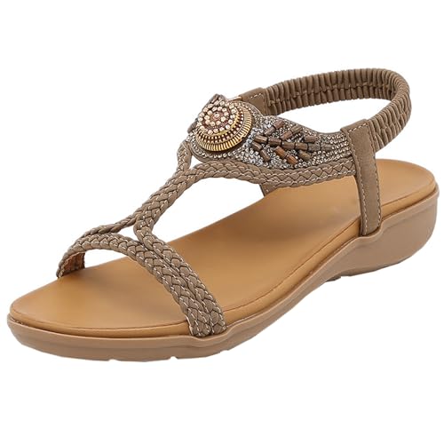 SDGHH-8MMDM Flache Damensandalen Strandurlaub Schuhe Flache Schuhe Perlen-Strass-Sandalen Rutschfeste Freizeitschuhe Sommerschuhe Riemchen Weiche Strandschuhe,Braun,35 von SDGHH-8MMDM