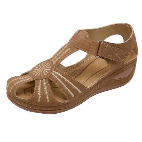 SDGHH-8MMDM Retro-Sommer-All-Match-Sandalen Für Damen Genähte Viskose Keilen Lässige Zehenkappen Einfarbige Lederrückenriemen Verstellbares Leder Atmungsaktiv Zum Gehen,Braun,38 von SDGHH-8MMDM