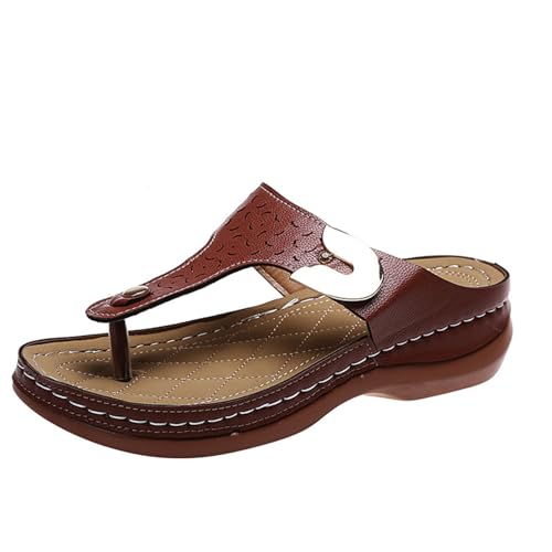 SDGHH-8MMDM Schnürsandalen Roman T-Förmige Öffnung Damen Sommer Rutschfeste Flip-Flops Runde Spitze Hohle Metallschnalle Keilabsatz Strandpantoffeln Mit Dicken Sohlen,Braun,35 von SDGHH-8MMDM