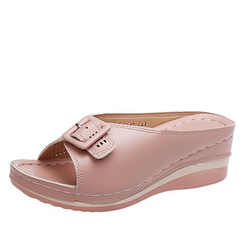 SDGHH-8MMDM Sommer Damen-Sandalen Römischer Retro Hohl Lässig Plateausohle Einfarbig Keilsandalette Bequeme Slides,Rosa,35 von SDGHH-8MMDM