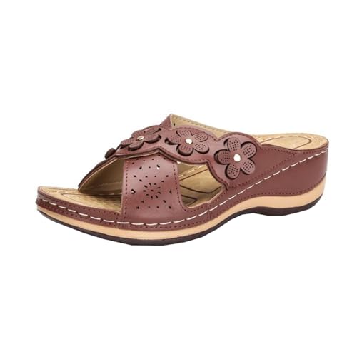 SDGHH-8MMDM Sommer-Keilsandalen Für Damen PU-Leder Blumenkreuz Weich Flach Rutschfest Hausschuhe Gartenschuhe Flip-Flops Lässige Strandsandalen,Braun,36 von SDGHH-8MMDM