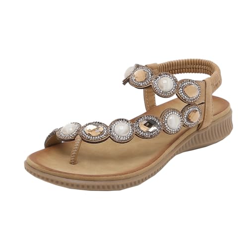 SDGHH-8MMDM Sommer Sandalen Damen Flache Perlen Sandalen Römische Retro Lässige Bequeme Offene Zehen Elastische Knöchelriemen Trägerlose Elegante Slip-On-Sandalen,Braun,36 von SDGHH-8MMDM