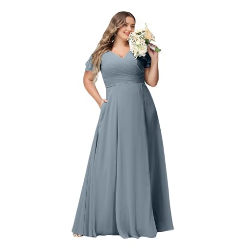 Prinzessin V-Ausschnitt Chiffon Brautjungfernkleider Übergröße Abendkleid mit Taschen und seitlichem Schlitz, dusty blue, 48 Plus von SDPANLLD