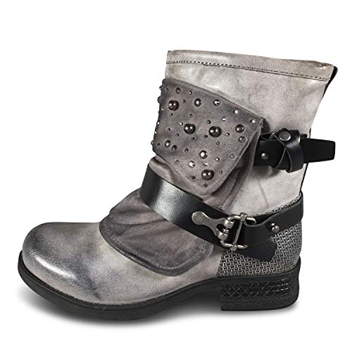 Damen Stiefeletten Biker Boots Nieten Schnallen Stiefel ST83 (PG94 Grau 37) von SDS