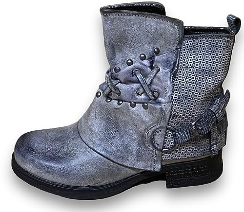 Damen Stiefeletten Biker Boots - Stiefel mit Nieten Blockabsatz - bequeme Herbst Winter Frauen Schuhe Schnallen ST07 Grau 36 von SDS