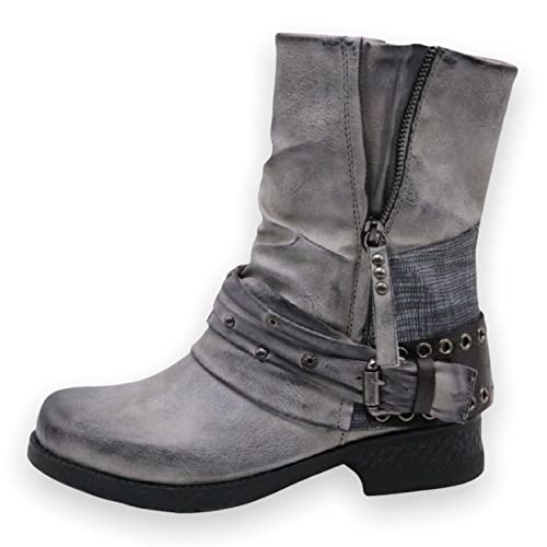 Damen Stiefeletten Biker Boots Stiefel mit Nieten Frauen Schuhe Blockabsatz Herbst Winter Bequeme Schuhe Schnallen - ST04 - Grau - Größe 37 von SDS