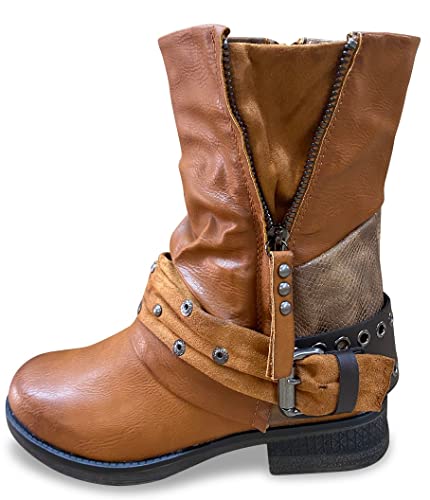 Damen Stiefeletten Biker Boots - Stiefel mit Nieten Schuhe Blockabsatz - Bequeme Herbst Winter Frauen Schuhe Schnallen – ST04 (Camel 38) von SDS