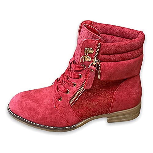 SDS Damen Stiefeletten Schnürer Boots - Stiefel mit Reißverschluss - Schnürstiefeletten Women Herbst Frühling Spitzen-Optik - W160 Rot Größe 39 von SDS