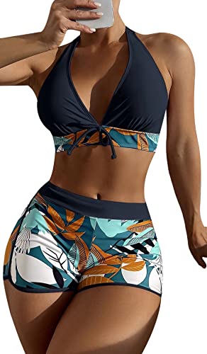 SEAUR Bikini Set Damen Zweiteiliger Badeanzug Badeshorts mit Bikini Top Oberteil Blumenmuster Sommer Bademode Two Piece Swimsuit Swim Shorts Schwimmbad Pool Strand - S von SEAUR