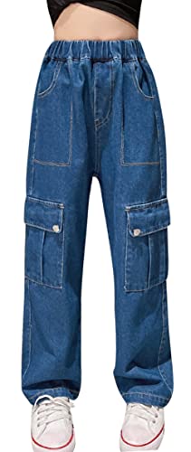 SEAUR Kinder Mädchen Jeans Gummibung Cargo Hose Multi Taschen Hip Hop Hose Cargohose Streetwear Tanz Freizeit - 150-140/146 - Dunkelblau von SEAUR