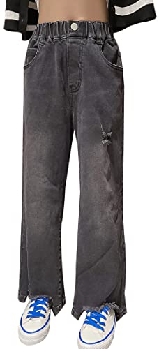 SEAUR Mädchen Jean Hosen Loch Denim Blau Jeans Baggy Weites Bein Bootcut Gerade Schlaghose 120-170cm Teenager Casual Stretch Cargohose Schwarz - 13-15 Jahre von SEAUR