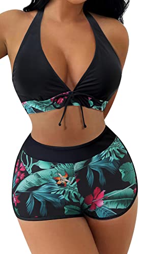 SEAUR Zweiteiliger Badeanzug Damen Bikini Set Blumenmuster Badeshorts mit Oberteil Bikini Top Two Piece Swimsuit Sommer Schwimmbad Pool Strand Bademode mit Swim Shorts - M von SEAUR