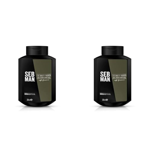 SEB MAN THE MULTITASKER – 3-in-1 Shampoo, Bartshampoo & Duschgel – für alle Haartypen – mit Guarana-Extrakt und anregendem Duft von Bergamotte und rosa Pfeffer – 250 ml (Packung mit 2) von SEB MAN