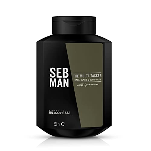 SEB MAN THE MULTITASKER – 3-in-1 Shampoo, Bartshampoo & Duschgel – für alle Haartypen – mit Guarana-Extrakt und anregendem Duft von Bergamotte und rosa Pfeffer – 250 ml von Sebastian Professional