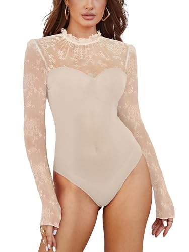 SEBOWEL Sexy Spitzen Bodysuit Damen V-Ausschnitt Langarm Body mit Spitzen Elegant Bodysuit Tops Festival Outfit Beige XL SEBOWEL Sexy Spitzen Bodysuit Damen V-Ausschnitt Langarm Body mit Spitzen Elegant Bodysuit Tops Festival Outfit Beige XL von SEBOWEL