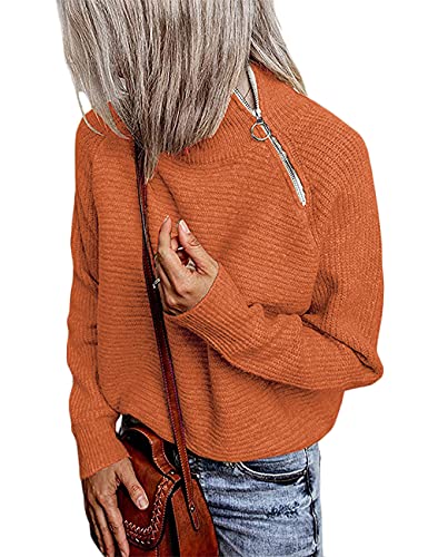 SEBOWEL Strickpullover Damen Langarm Pullover Einfarbig Rollkragenpullover Strickpulli Sweater Tops mit Reissverschluss(Orange,XL) von SEBOWEL