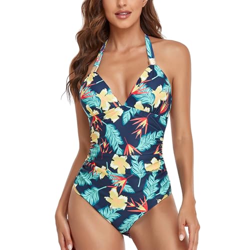 Badeanzug Damen Bauchweg V Ausschnitt Bademode Damen Sexy Push up Shape Monokini Neckholder Badeanzug Curvy Tiefer Rückenausschnitt mit Cups Bademode L von SEDEX