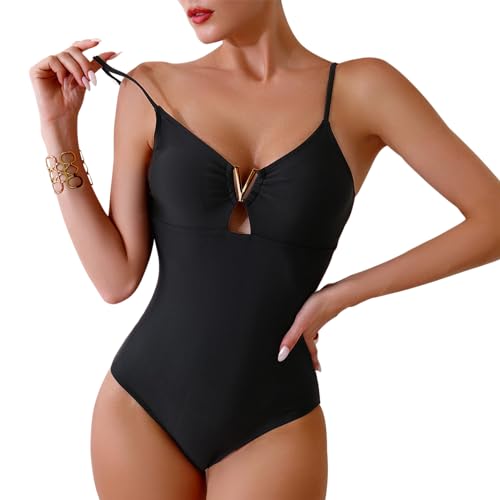 Badeanzug Damen Bauchweg V Ausschnitt Bademode Damen Sexy Push up Shape Monokini Verstellbarer Schultergurt Madeanzug Curvy Tiefer Rückenausschnitt mit Cups Schwarz L von SEDEX