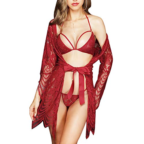 SEDEX 3 Stück Damen Dessous Set Kleid Spitze Negligee BH und Slip Nachtwäsche Transparente Robe Set Cardigan mit Gürtel G-String Bikini Cover up One Piece Lace Erotik Set Reizwäsche (Rot, XXL) von SEDEX