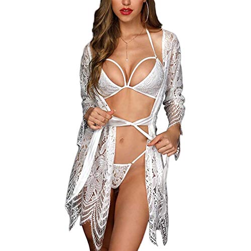 SEDEX 3 Stück Damen Dessous Set Kleid Spitze Negligee BH und Slip Nachtwäsche Transparente Robe Set Cardigan mit Gürtel G-String Bikini Cover up One Piece Lace Erotik Set Reizwäsche (Weiß, 3XL) von SEDEX