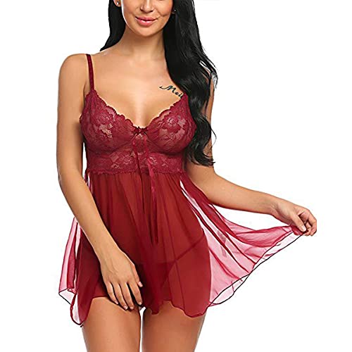 SEDEX Negligee Damen Spitze Babydoll Lingerie for Women Set Unterkleid V-Ausschnitt Nachtwäsche Dessous Sleepwear mit Verstellbarer Schultergurt Nachthemden Für Frauen(Rot,L) von SEDEX