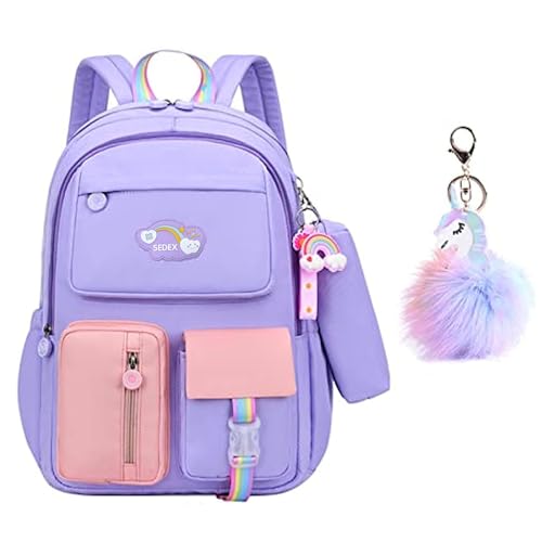 Schulrucksack Rucksack Teenager Mädchen Kinderrucksack Mädchen Reisen Freizeitrucksack Wasserdicht Süßes Muster Campus Backpack Bücher Tasche Rucksäcke Daypacks Schule Bag mit Federmäppchen(Violett) von SEDEX